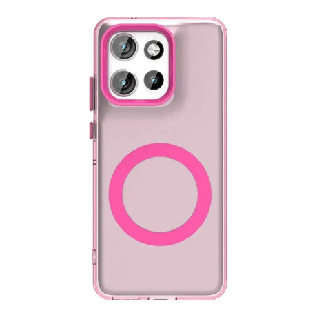 Clear phone case with pink accents and a magnetic ring.