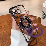 Clear phone case with a purple ring stand.