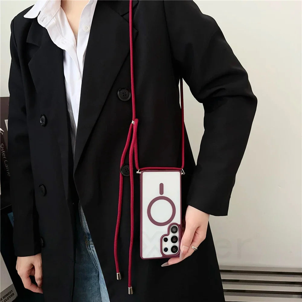Clear phone case with red lanyard.