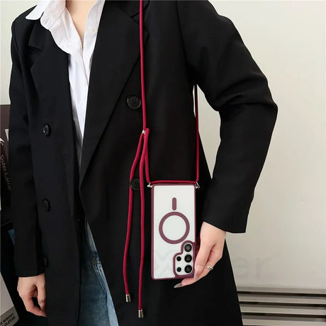 Clear phone case with red lanyard.