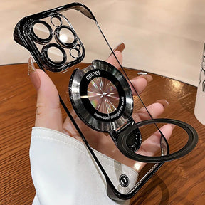 Clear phone case with a rotating ring stand.