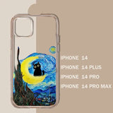 Clear phone case featuring a stylized ’Starry Night’ design with a black cat silhouette against a yellow moon.