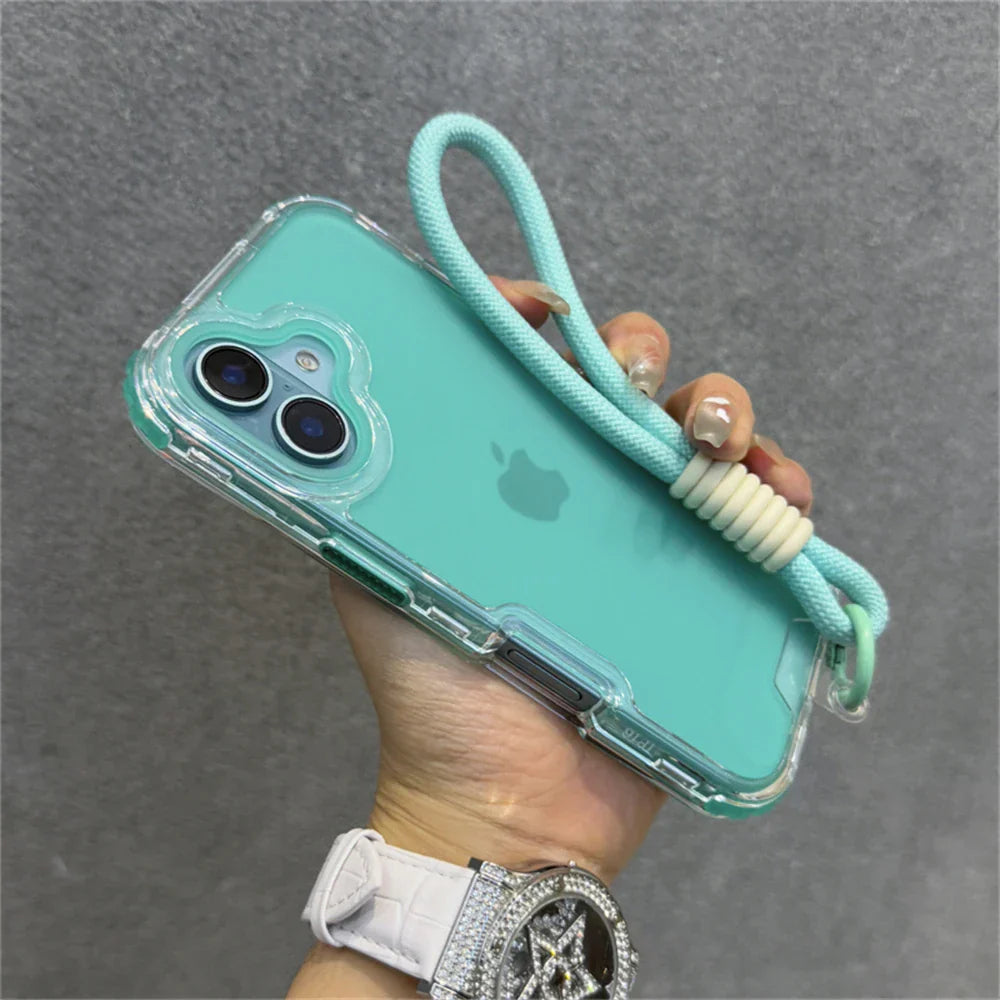 Clear phone case with a turquoise phone.