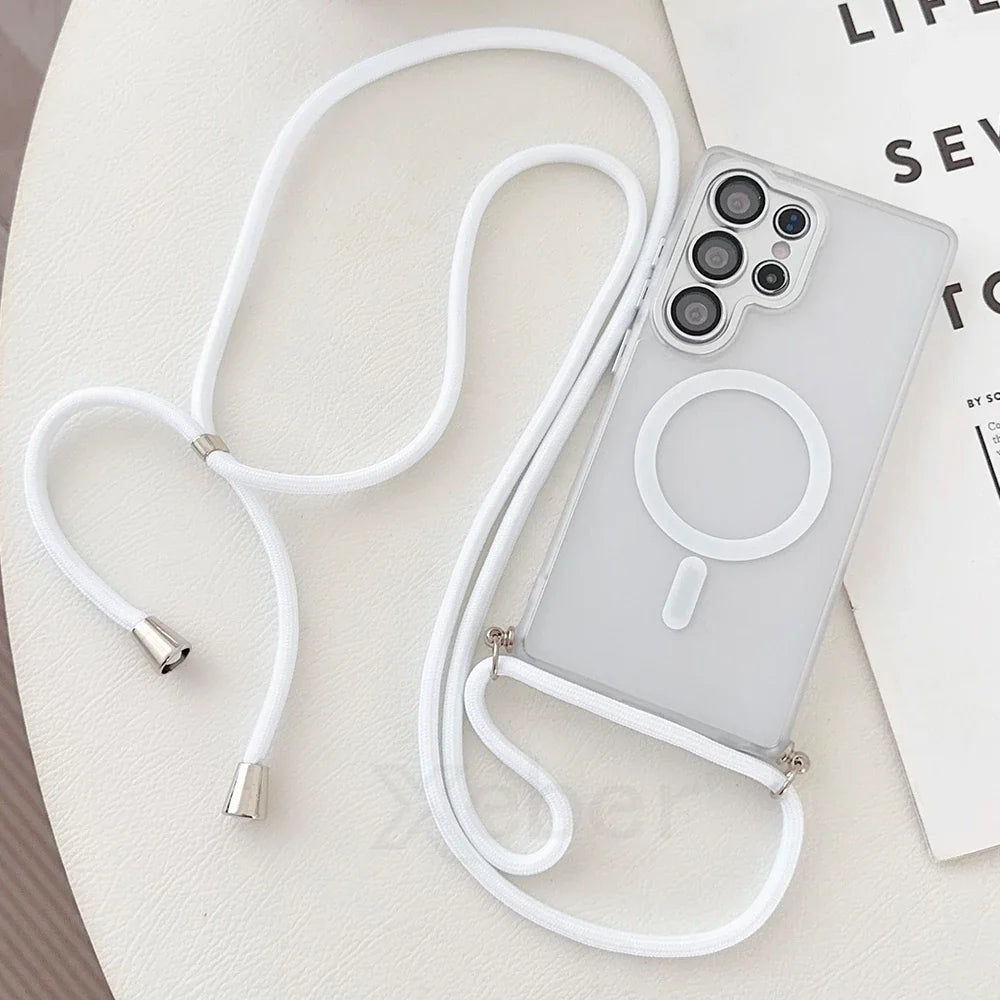 Clear phone case with white strap.