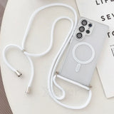 Clear phone case with white strap.