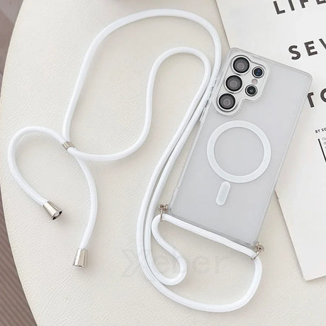 Clear phone case with white strap.