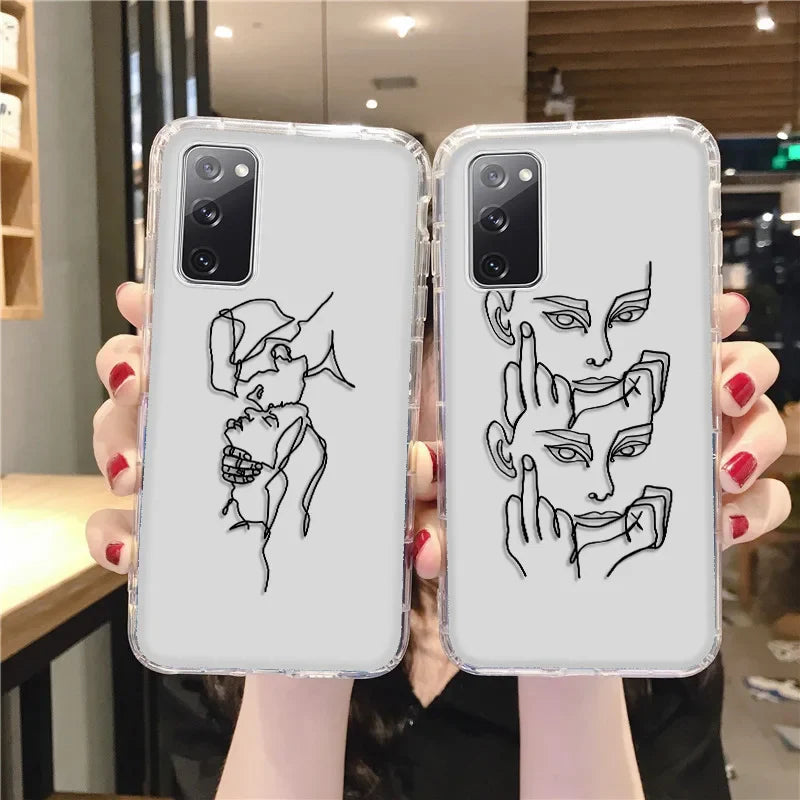 Clear phone cases for samsung galaxy with black line-art stylized faces showcasing abstract art design on back side