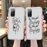 Clear phone cases for samsung galaxy with black line-art stylized faces showcasing abstract art design on back side