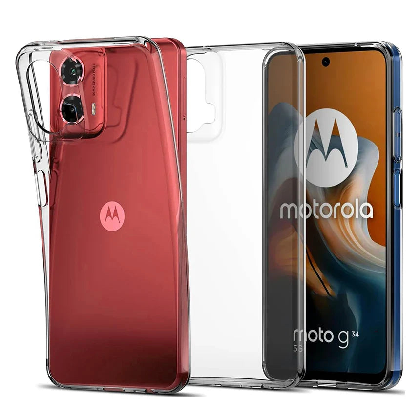 Clear ultra thin silicone soft case showing the back for red motorola moto g34 in edge and g series collection