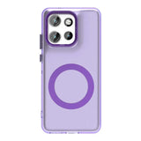 A clear purple phone case with a camera cutout and a circular magnetic ring.