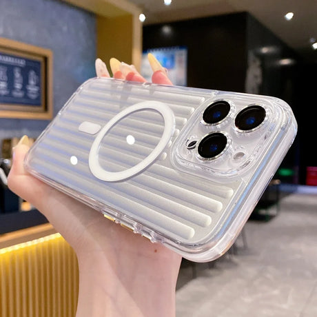 Clear ribbed phone case with a MagSafe ring and three camera cutouts.