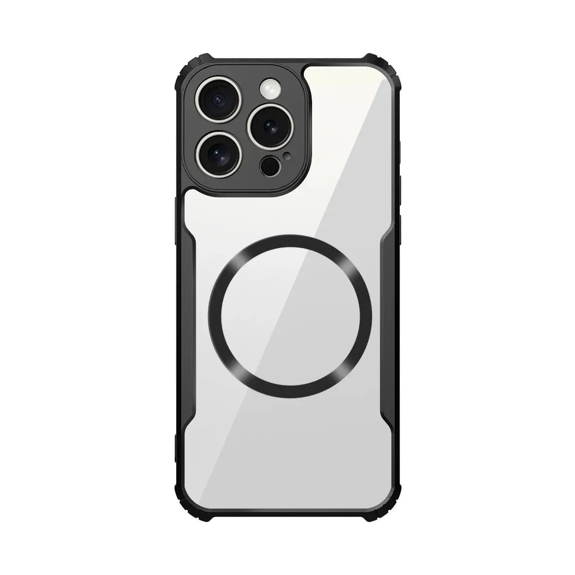 Clear smartphone case with black protective edges and a circular magnetic ring.