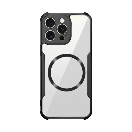 Clear smartphone case with black protective edges and a circular magnetic ring.