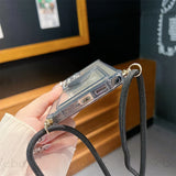 Clear smartphone case with a black lanyard