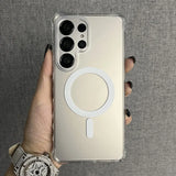 Clear smartphone case with a built-in magnetic ring for wireless charging.