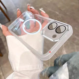 Clear smartphone case with a magnifying lens attachment.