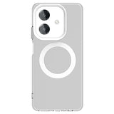 Clear smartphone case with a magnetic ring and camera cutouts.