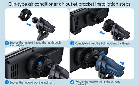 Clip-type air conditioner air outlet bracket with installation instructions shown in four steps.