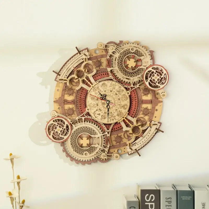 a clock made out of wood and gears