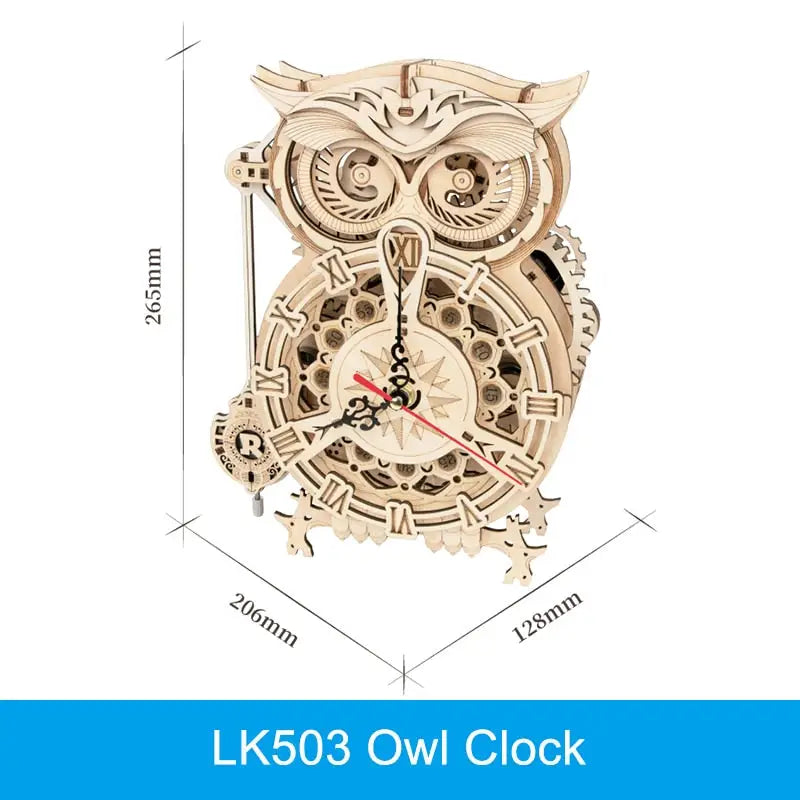 a wooden clock with an owl face