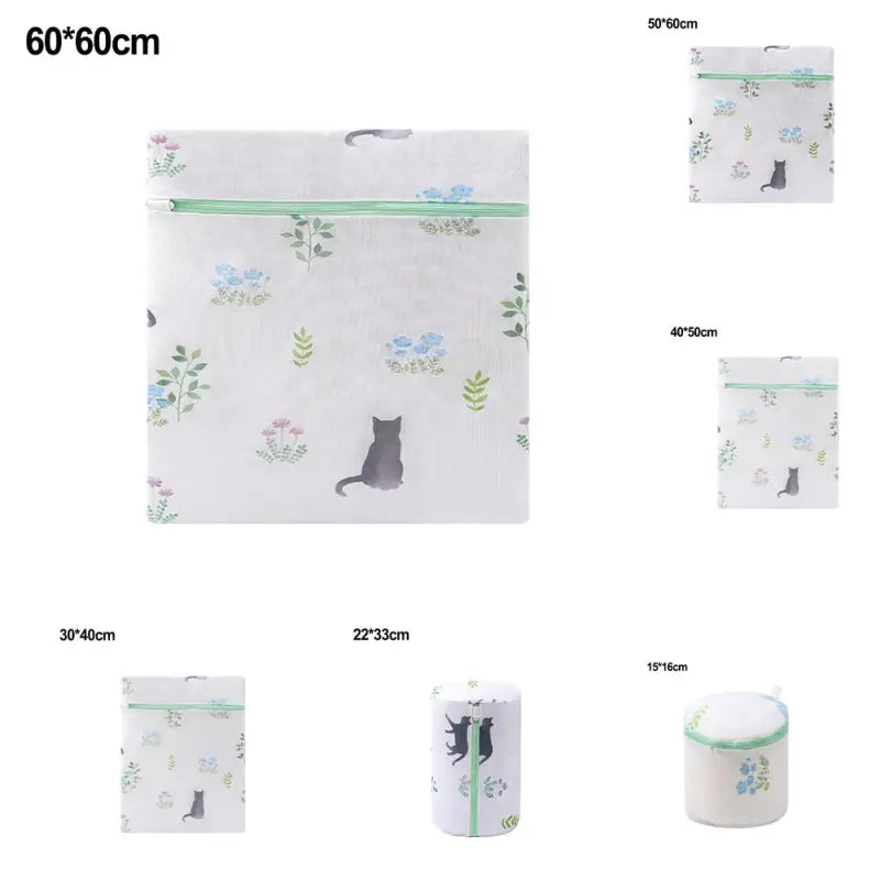 a white toilet bag with a cat design and a green zipper