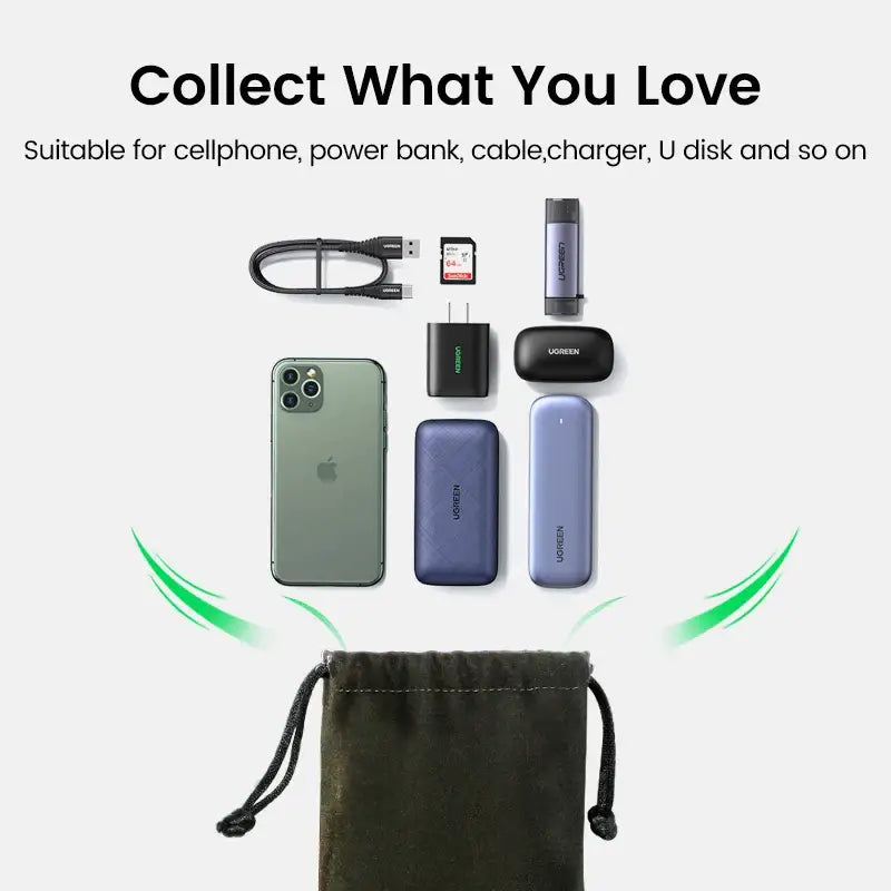 a close up of a bag with a cell phone and other items