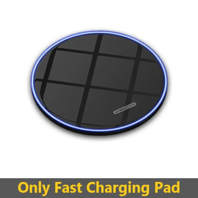 a close up of a black and blue wireless charger on a white background