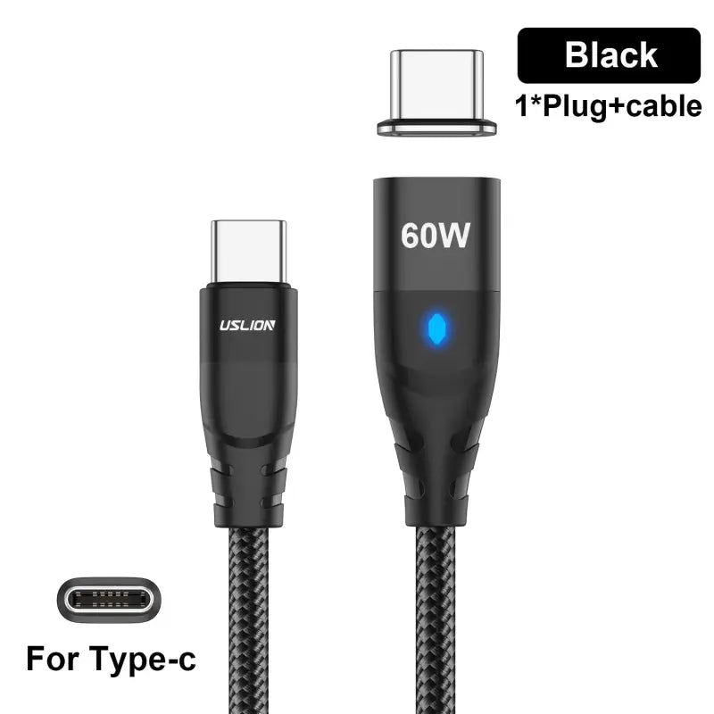 a close up of a black cable with a blue light on it