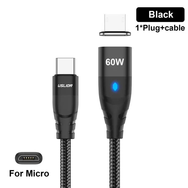 a close up of a black cable with a blue light on it
