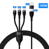a close up of a black cable connected to a white and blue sign