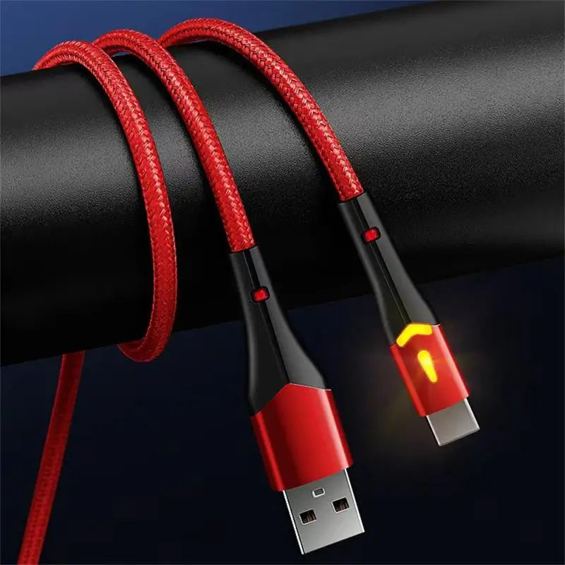 a close up of a red and black usb cable connected to a black device