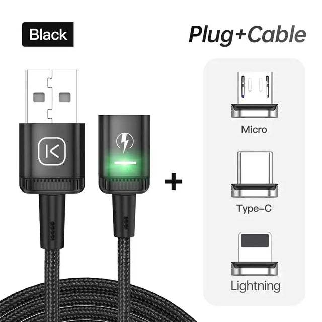 a close up of a black cable with a green light on it