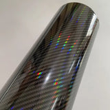 a close up of a black carbon fiber wrapper with rainbows