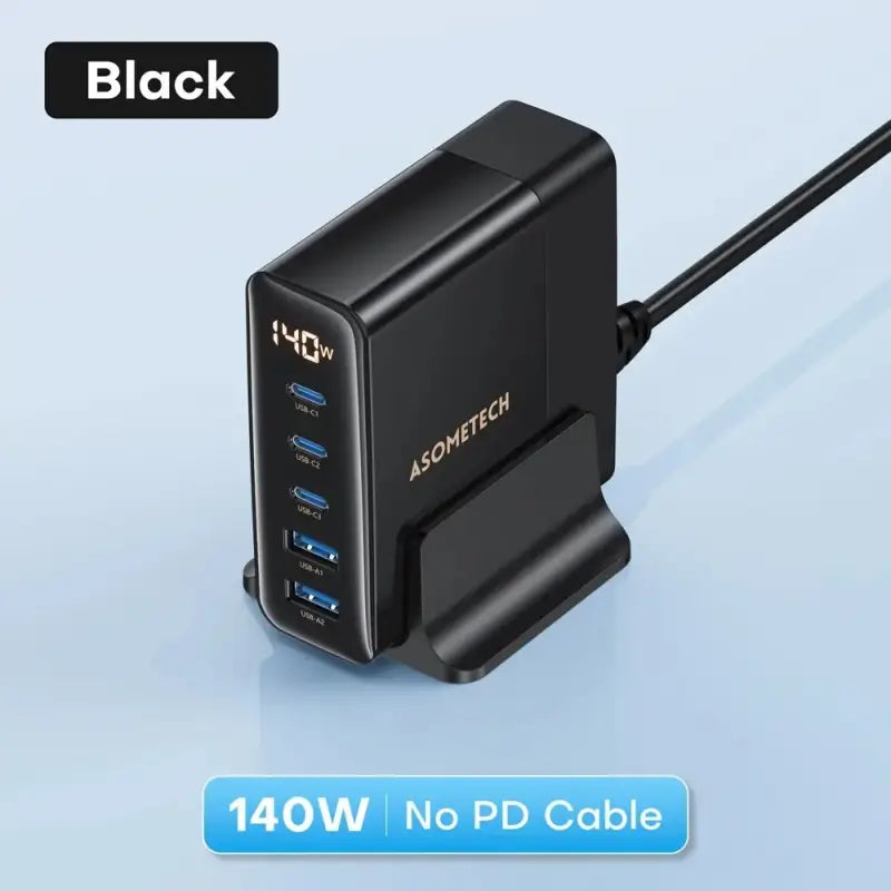 A close up of a black charger with a usb cable