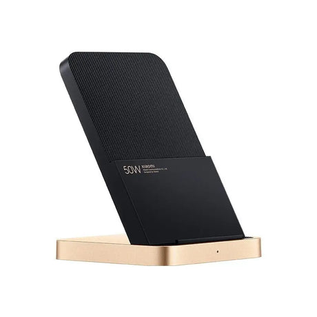 a close up of a black and gold phone stand on a white background