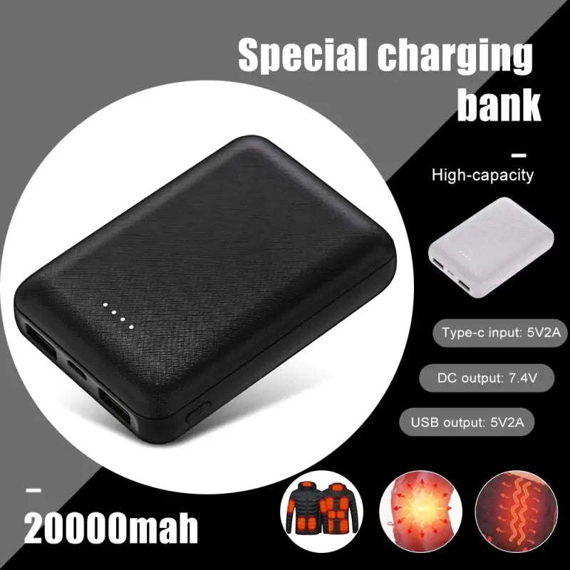 a close up of a black power bank with a red light