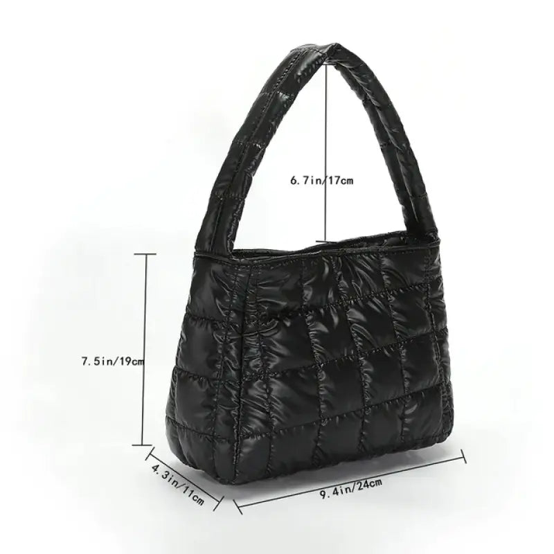 a close up of a black purse with measurements for it