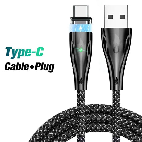 a close up of a black and white cable with a green light
