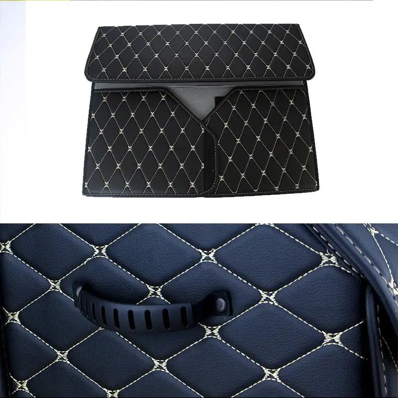 the back seat cover is made from a black leather material with a diamond pattern