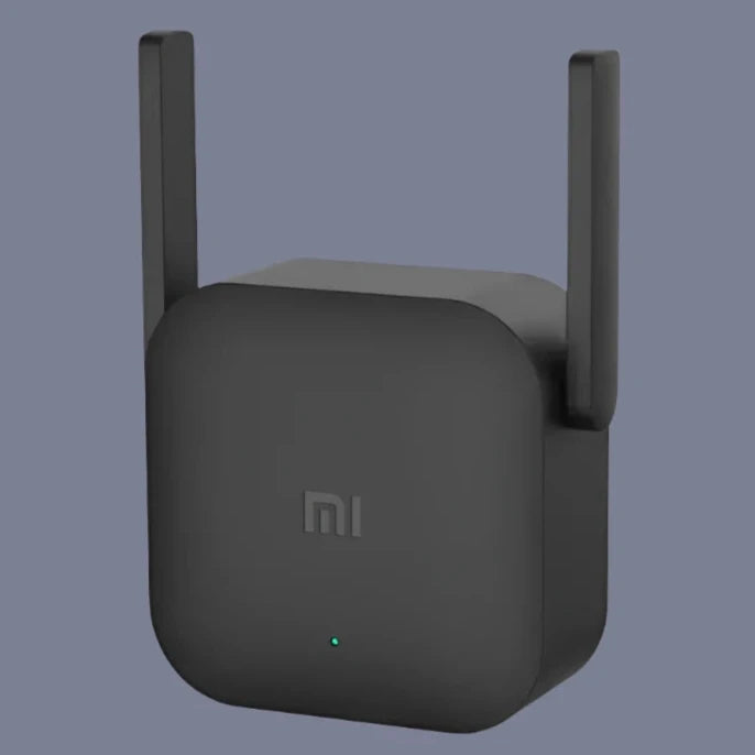 A close up of a black wifi amplifier with a blue background