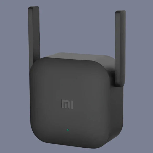 a close up of a black wifi amplifier with a blue background