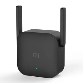 A close up of a black wifi amplifier with a white background