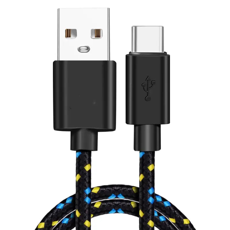 a close up of a black and yellow braided usb cable