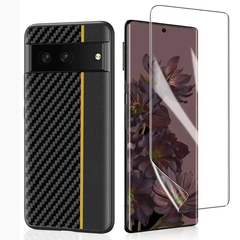 the front and back of a black carbon carbon carbon case with a gold stripe