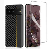 the front and back of a black carbon carbon carbon case with a gold stripe
