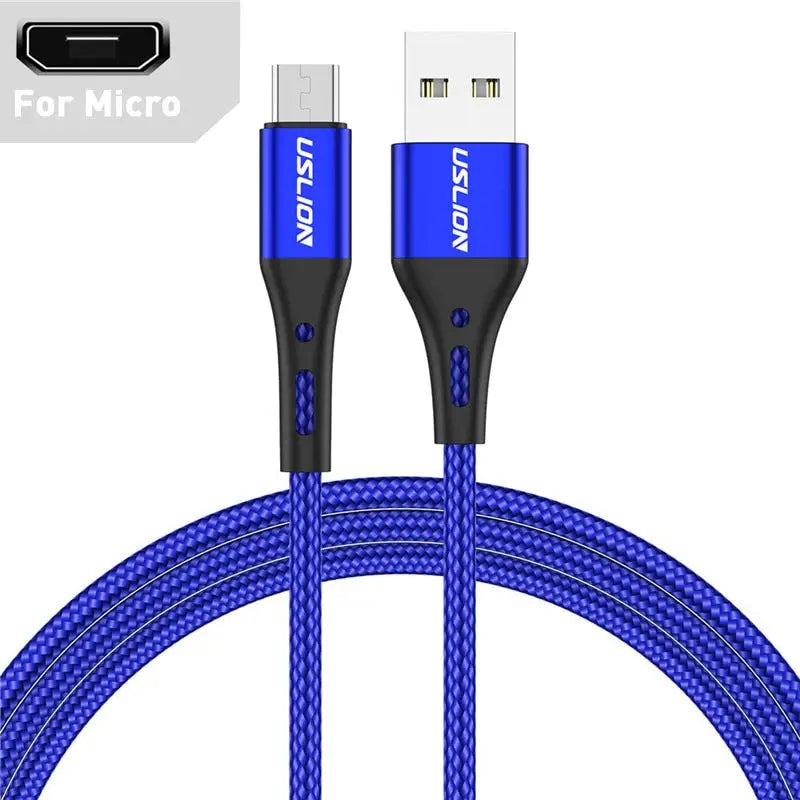 a close up of a blue and black usb cable connected to a charger