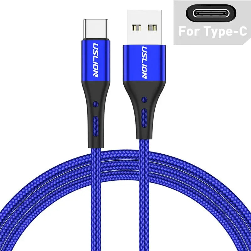 a close up of a blue and black cable connected to a charger