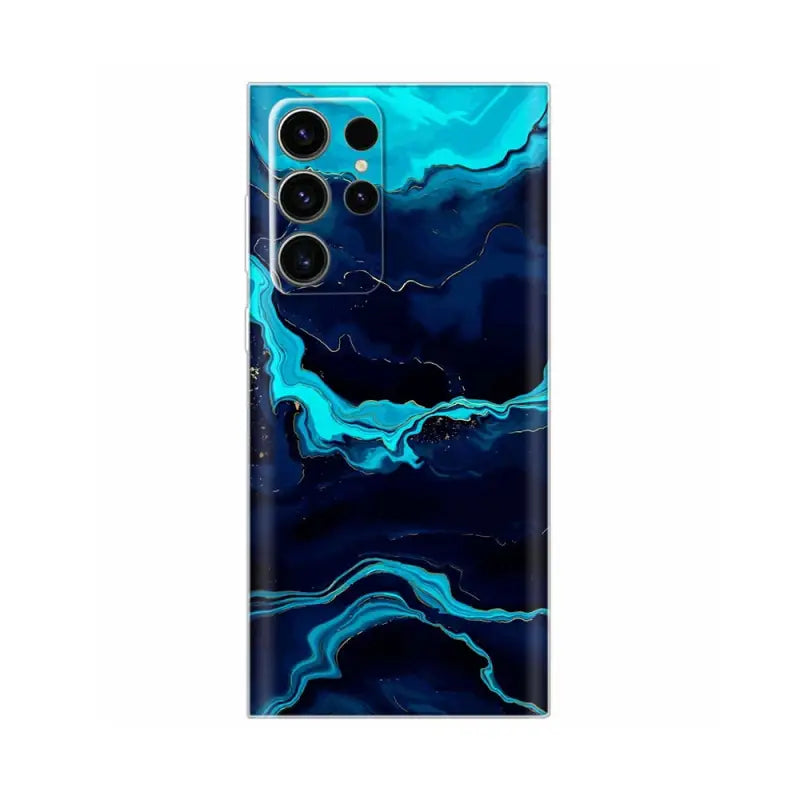 a blue and black marble phone case with a black and white swirl design