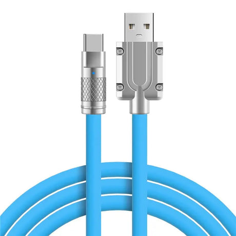 a close up of a blue cable connected to a usb cable