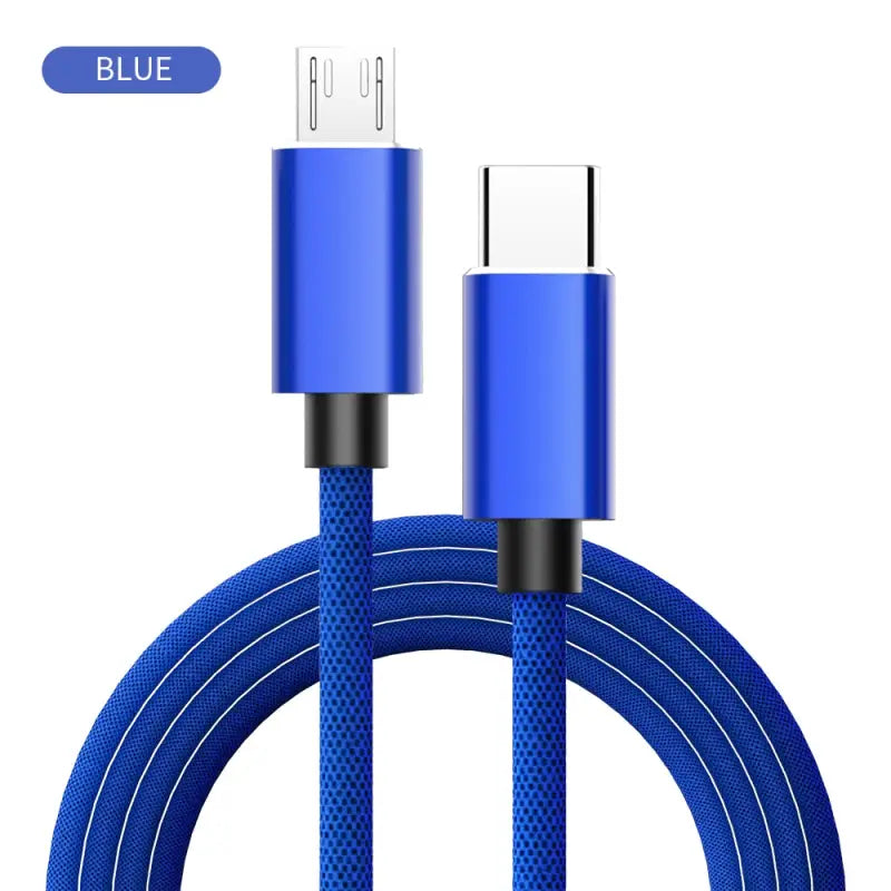 a close up of a blue usb cable connected to a charger